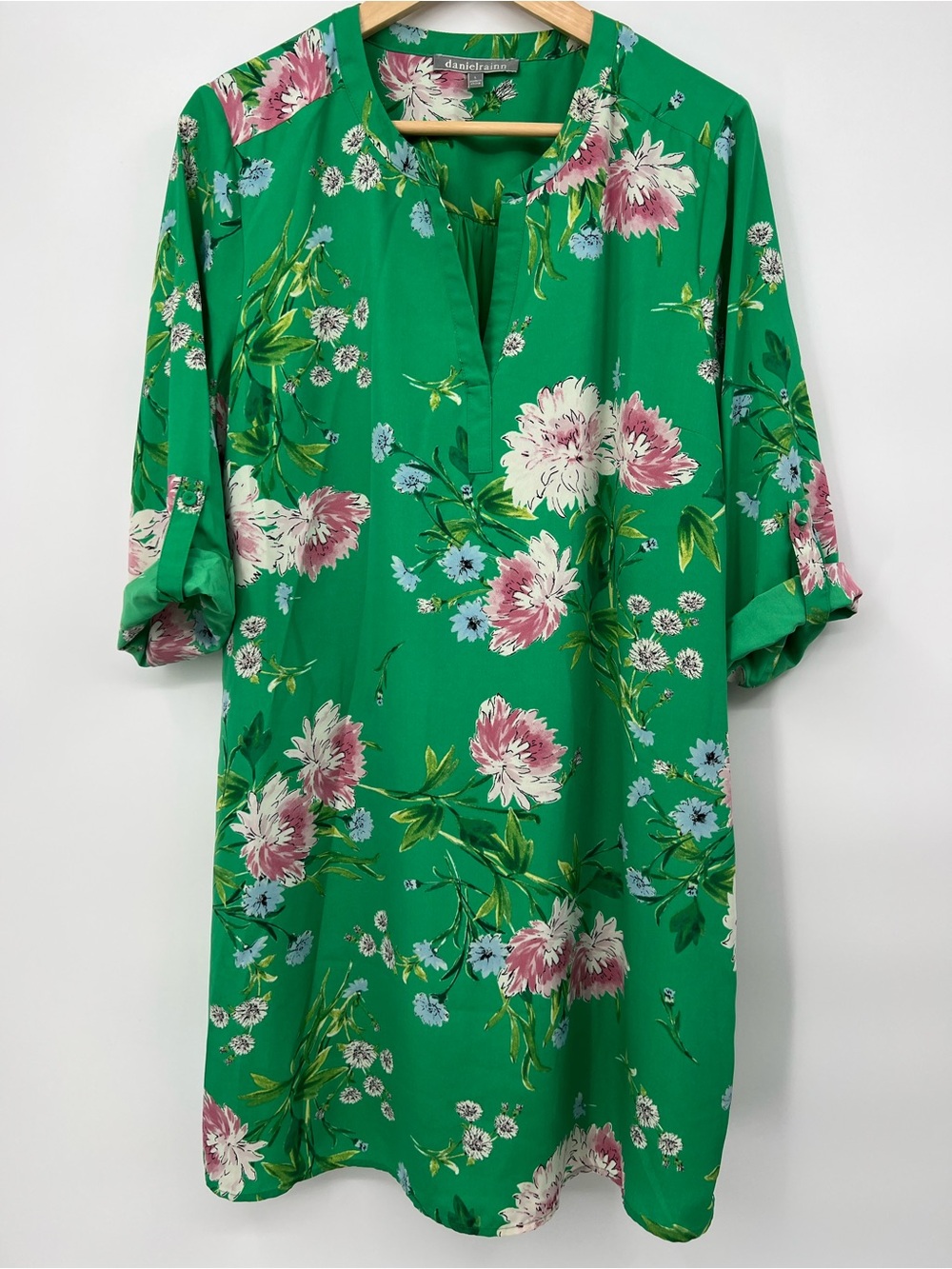 Daniel Rainn Emerald Green Floral Blouse with Pink & White Flowers